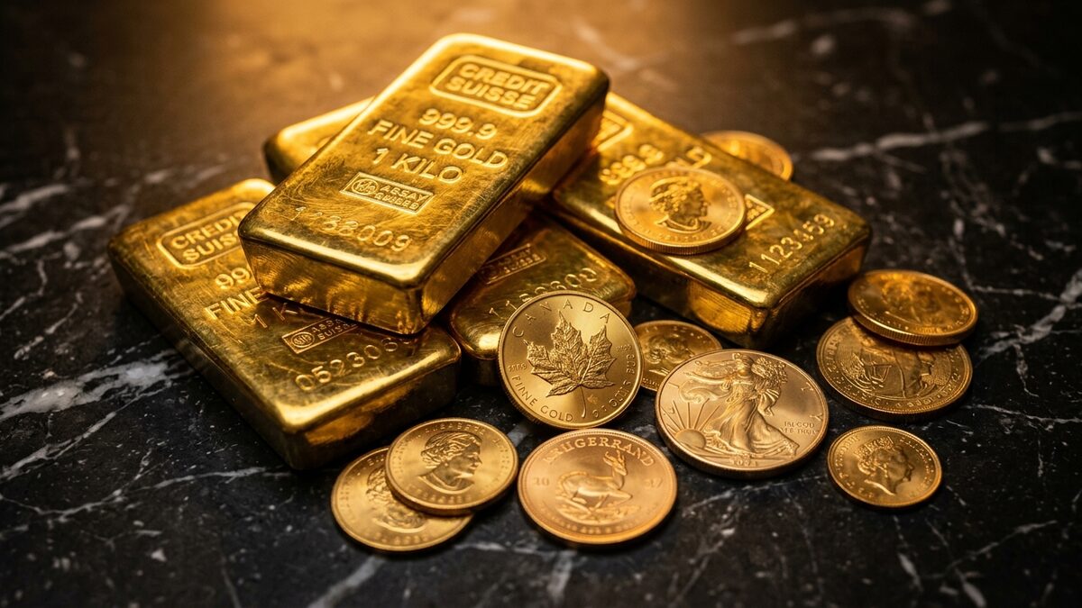 Gold bars and coins on dark marble