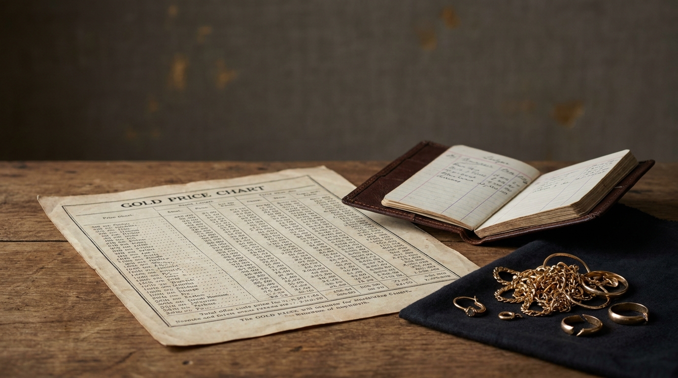Editorial scene with a gold price chart, dealer ledger, and a small pile of scrap gold under soft daylight