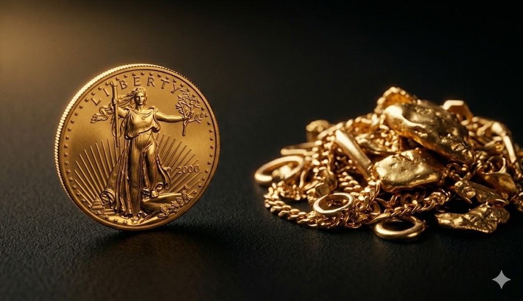 Side-by-side comparison of an American Gold Eagle coin and a 14k gold chain on a precision scale