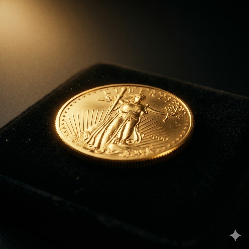 An American Gold Eagle coin next to a 14k gold chain showing the visible weight and size difference