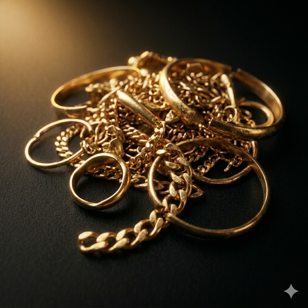 A pile of mixed gold jewelry with an electronic karat tester and a digital scale on a dealer counter