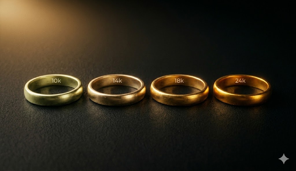 Gold jewelry pieces stamped with 10k, 14k, 18k, and 24k karat marks arranged on dark velvet