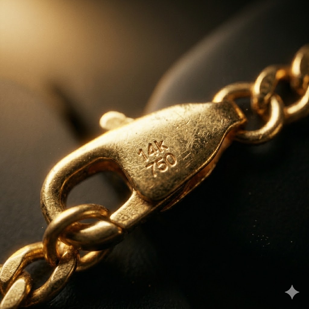Macro photograph of a vintage clasp showing a 14k 750 hallmark stamp