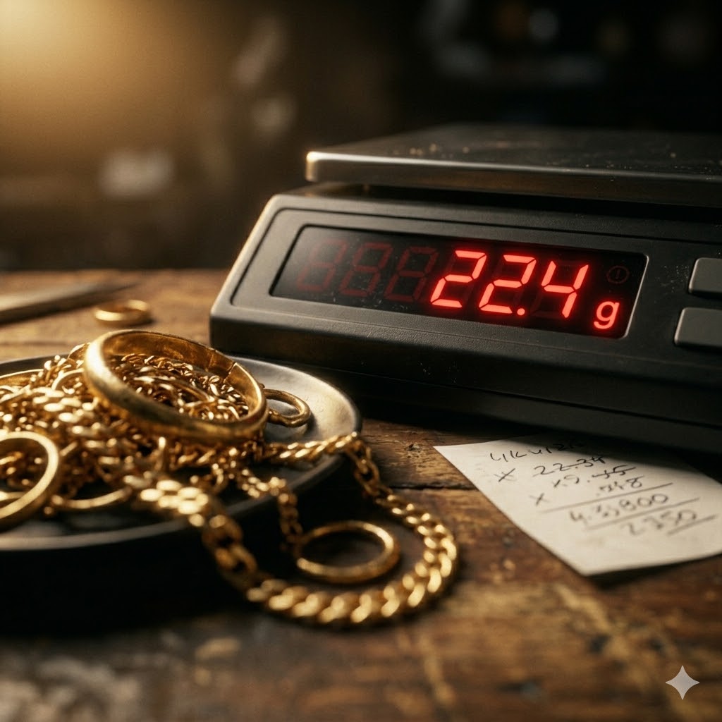 A digital scale displaying 22.4 grams next to a 14k gold chain on a wooden dealer counter