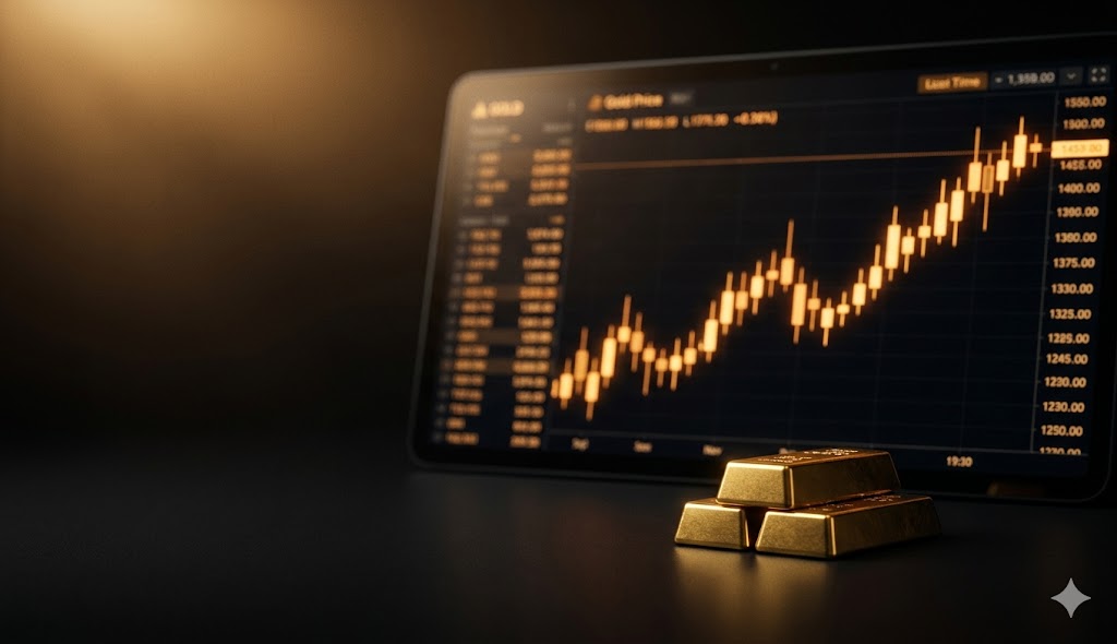 Real-time gold price chart on a dark trading screen with stacked gold bars in the foreground