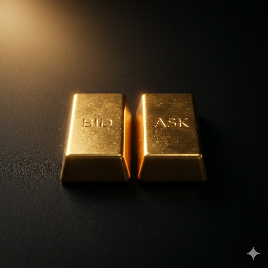 Bid and ask price bars showing the spread between dealer buy and sell prices on a gold market display
