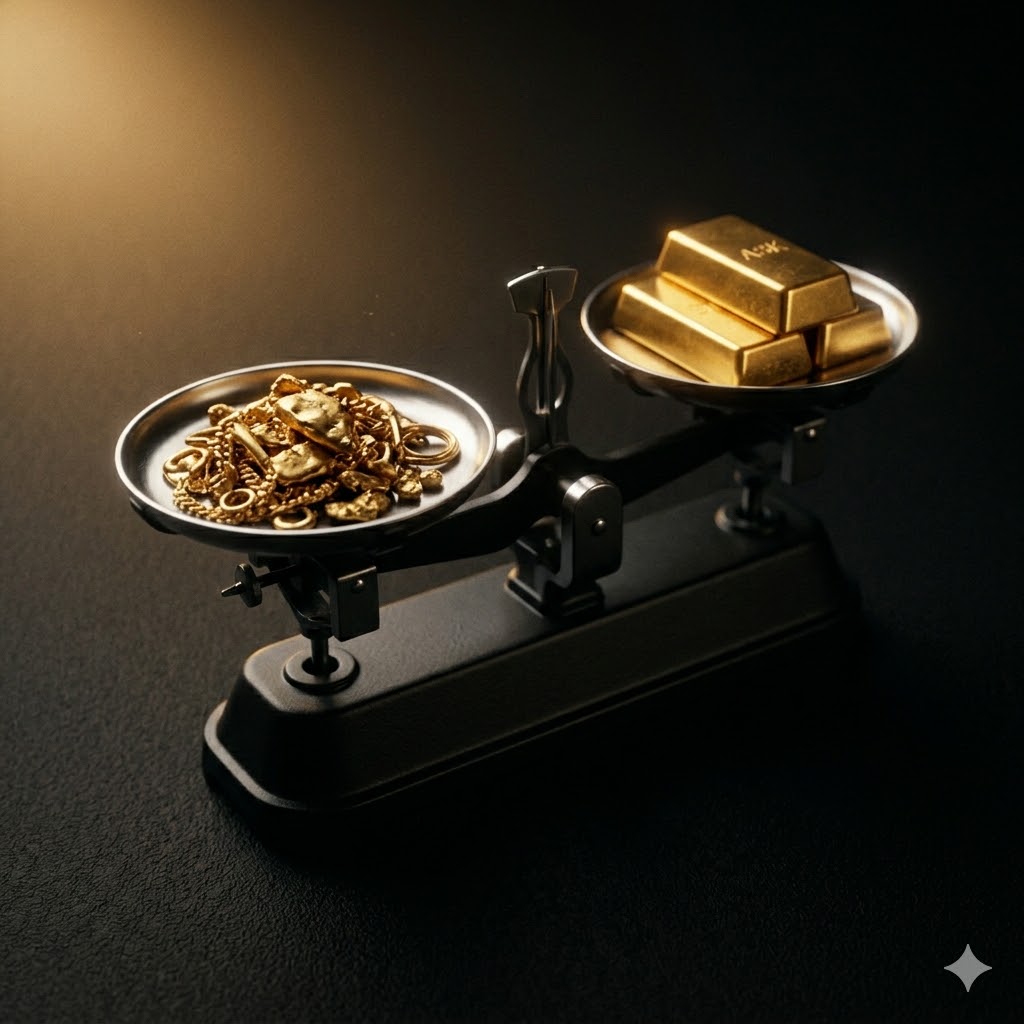 A precision balance scale weighing scrap gold against a calibration weight on a wooden dealer counter